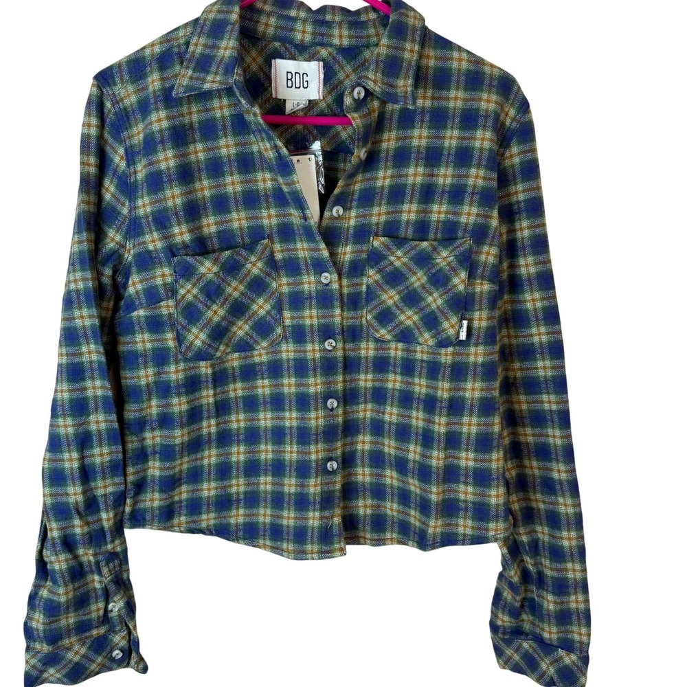 BDG Urban Outfitters Plaid Cropped Flannel‎ Jacket Blue Green Ochre Women's L